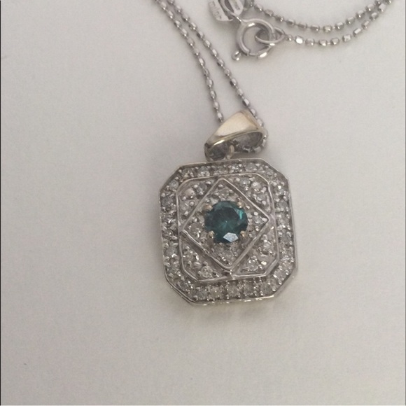 14k BLUE/WHITE DIAMOND PENDENT W/ 14k CHAIN - Picture 2 of 6